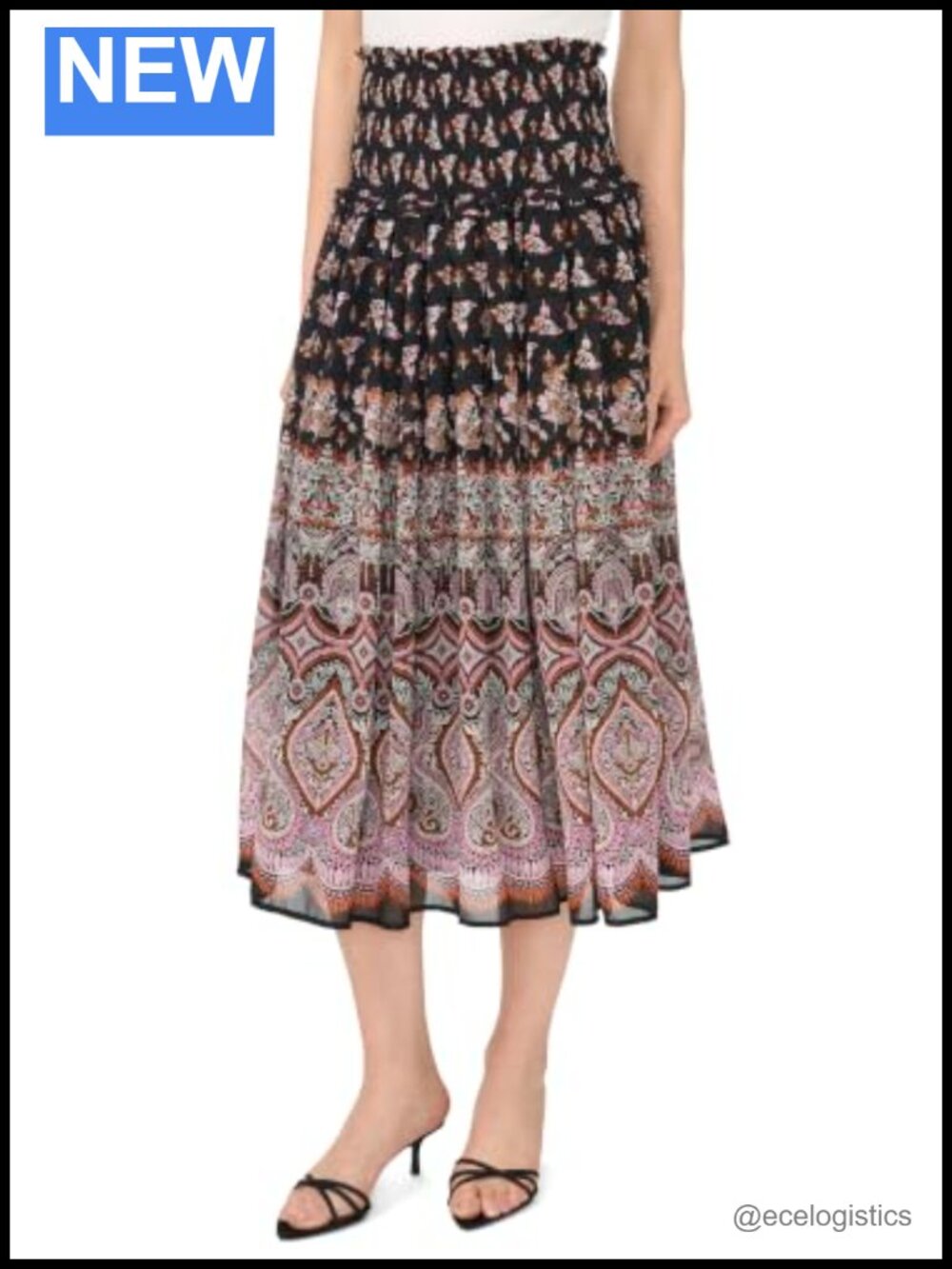 Floral Smocked Waist A-Line Midi Skirt